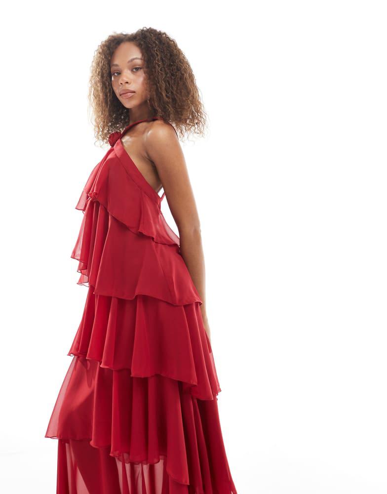 VERO MODA Vero Moda Felicia halter neck tiered maxi dress with corsage detail in red