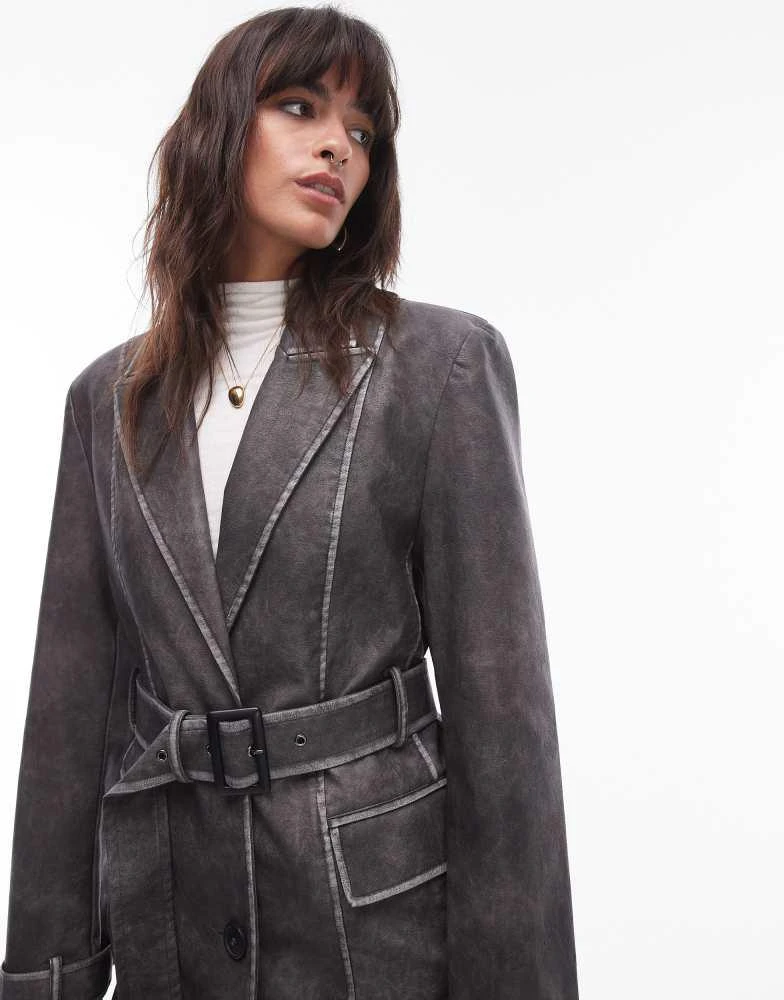 Topshop Topshop faux leather belted trench coat in washed black 1