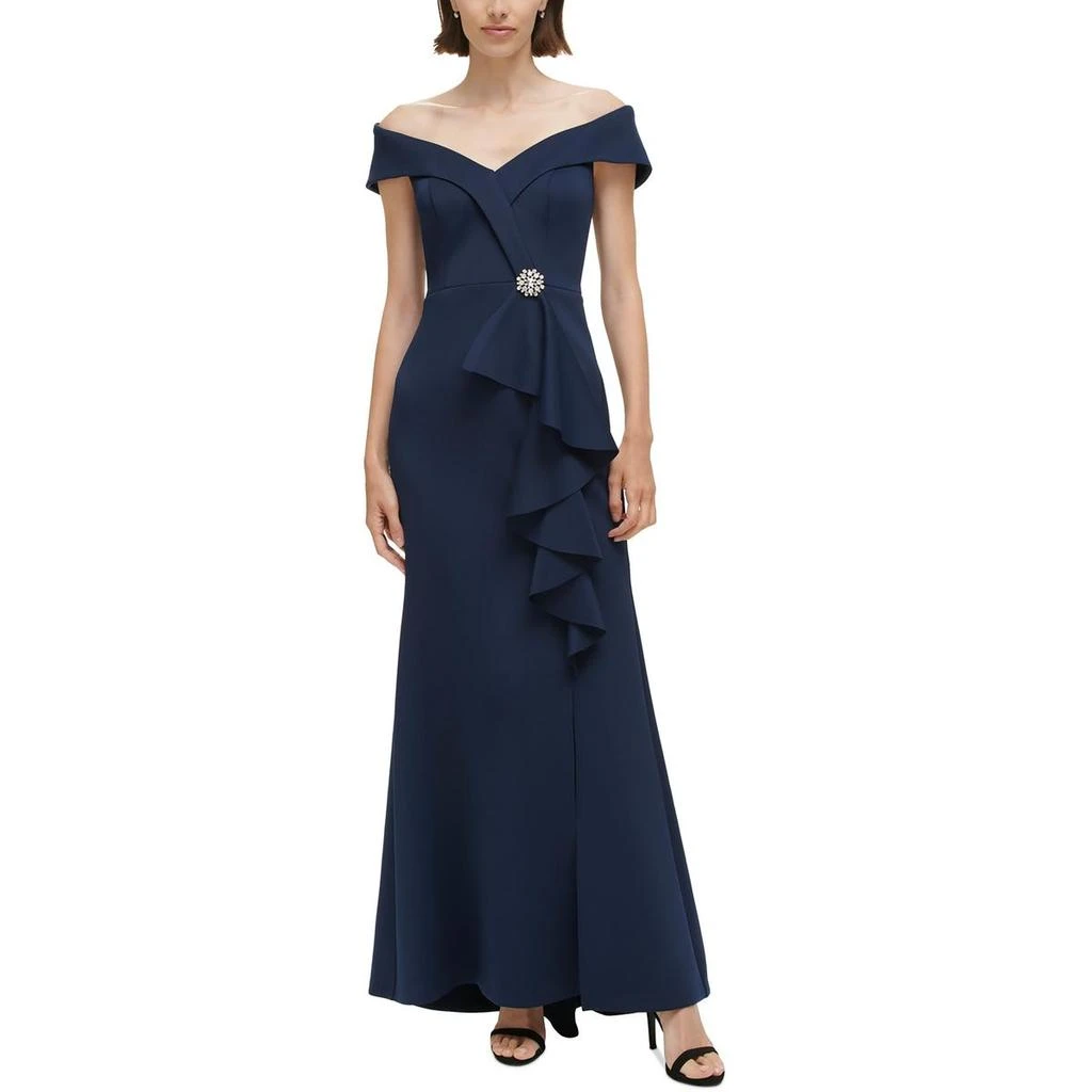 Jessica Howard Petites Womens Off-The-Shoulder Ruffled Evening Dress 1