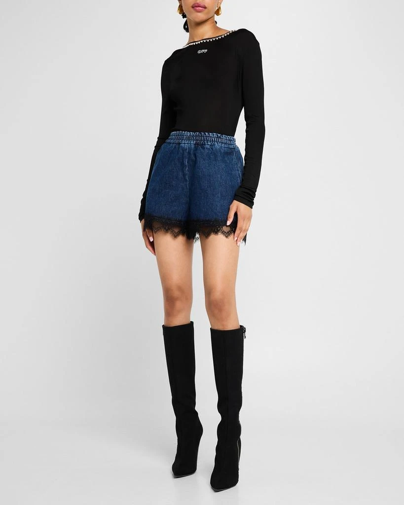Off-White 20s Lace-Trim Denim Pull-On Shorts 2