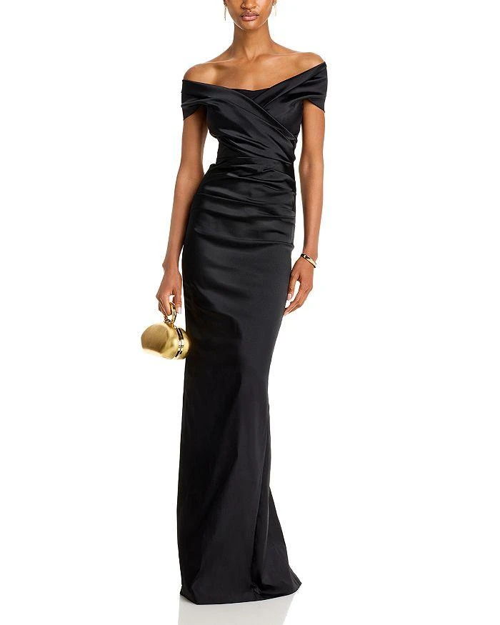 Teri Jon Satin Stretch Off The Shoulder Gown 8