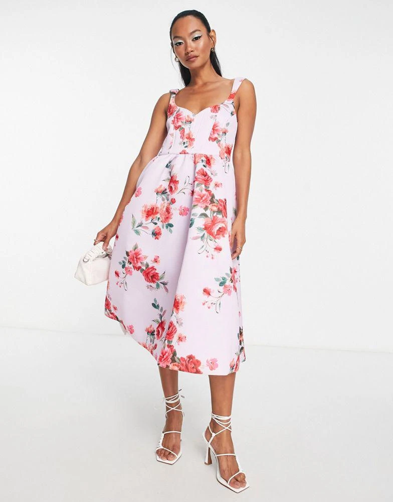 ASOS DESIGN ASOS DESIGN corset floral midi prom dress in lilac floral 2