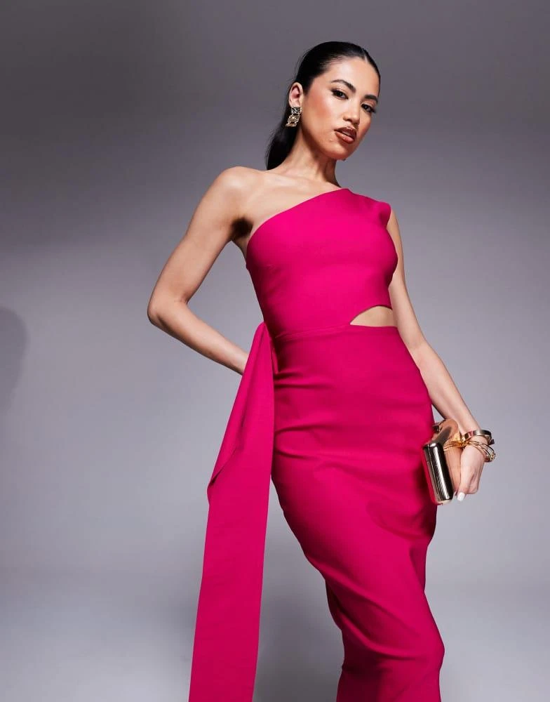 Vesper Vesper One Shoulder Midaxi Dress with belt in Cerise 4
