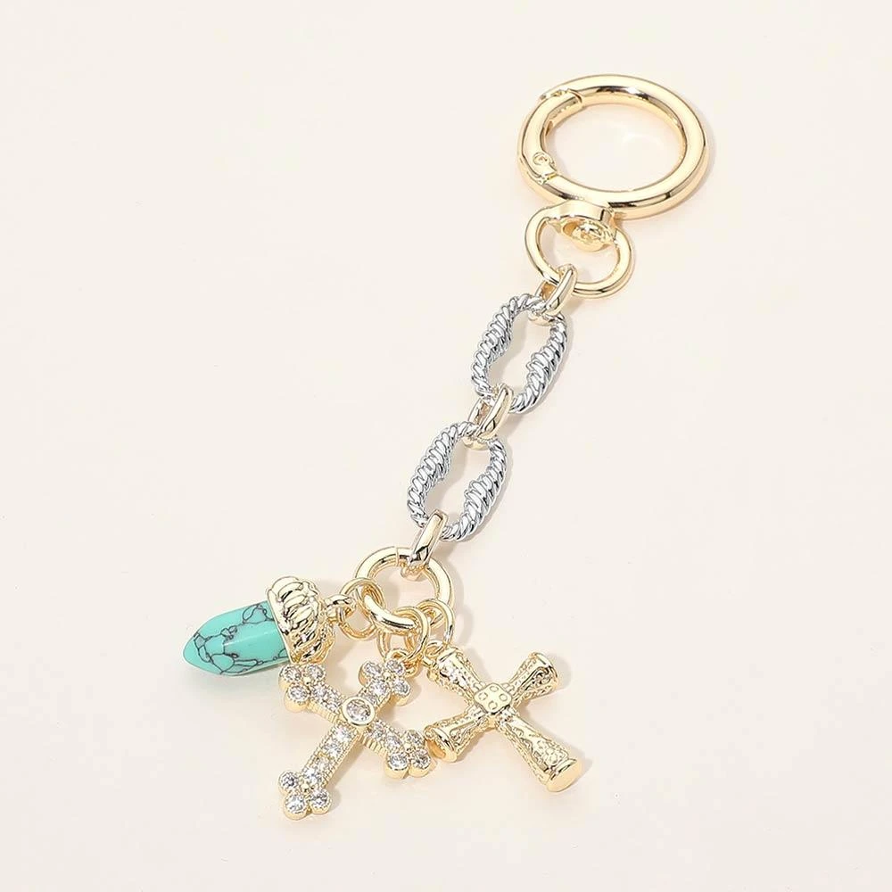 FASHNZFAB 14K Gold Plated Two Tone CZ Stone Paved Double Cross Stone Charm Drop Bag Charm Keychain