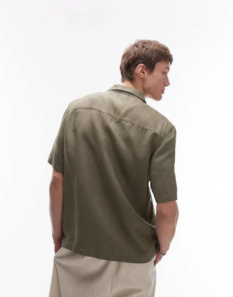 Topman Topman regular fit short sleeve linen blend shirt in khaki 3