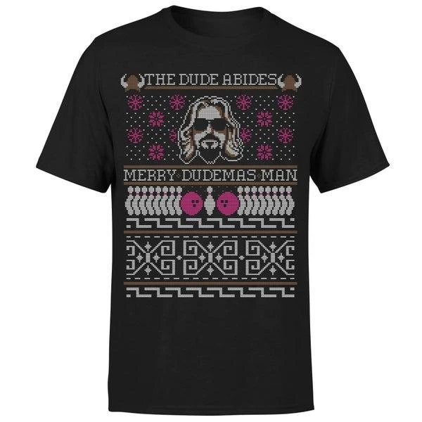 Big Lebowski The Dude Abides Merry Dudemas Man Men's Christmas T-Shirt - Black 1