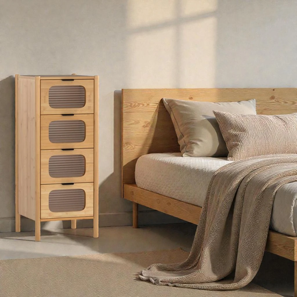 Hivvago Bamboo Dresser with Four Drawers and Fluted Tempered Glass Fronts