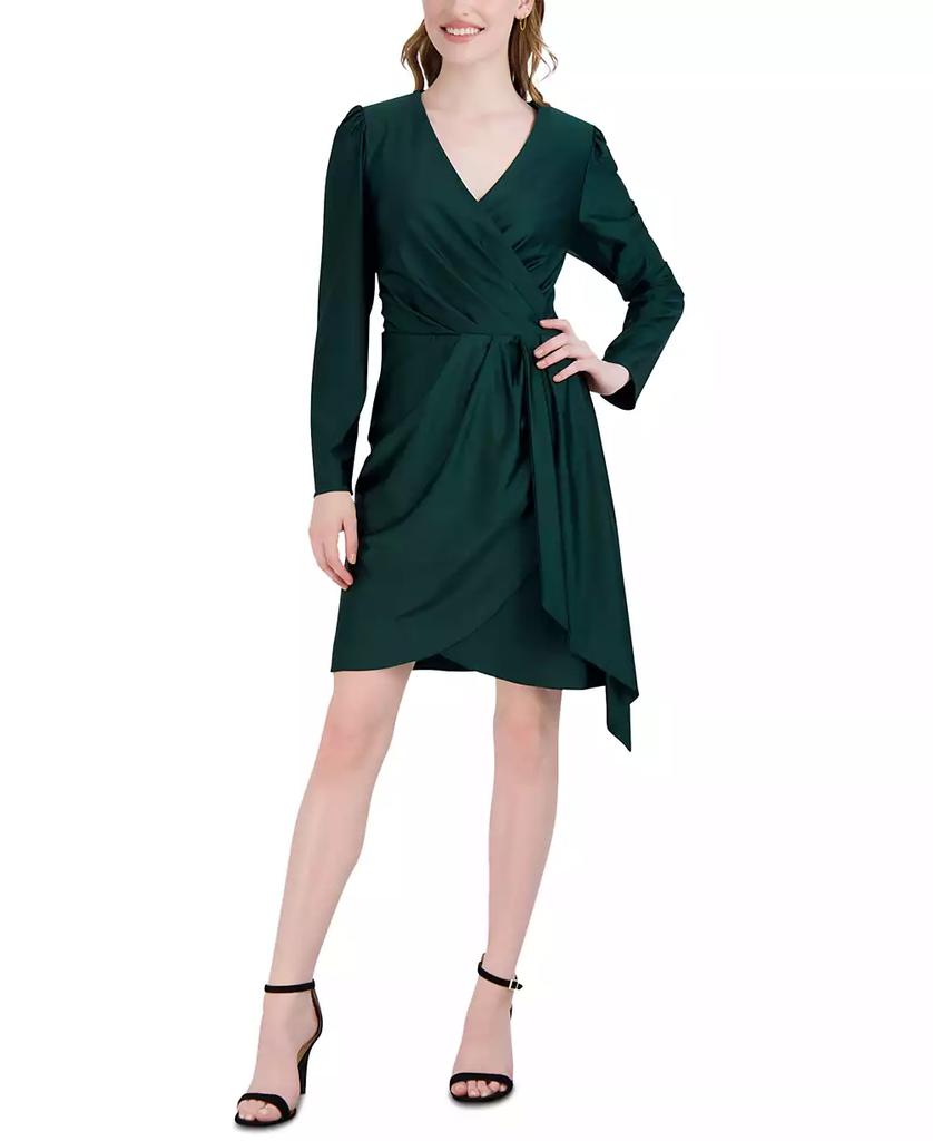 julia jordan Women's Pleated Faux-Wrap Long-Sleeve Dress