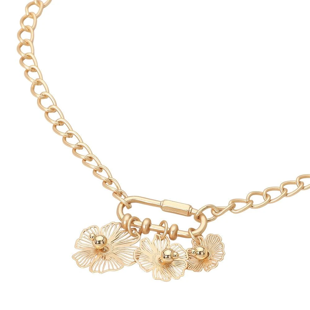 FASHNZFAB Metal Cutout Triple Flower Charm Carabiner Pendant Chain Necklace 2