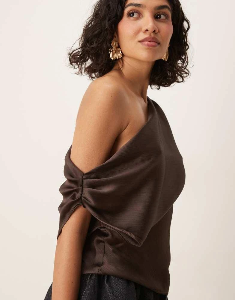 ASOS ASOS DESIGN chiffon draped off shoulder top in chocolate 3