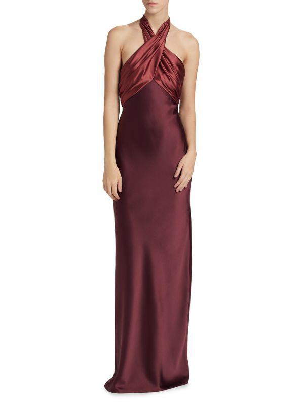 Amsale Halterneck Satin-Trimmed Gown