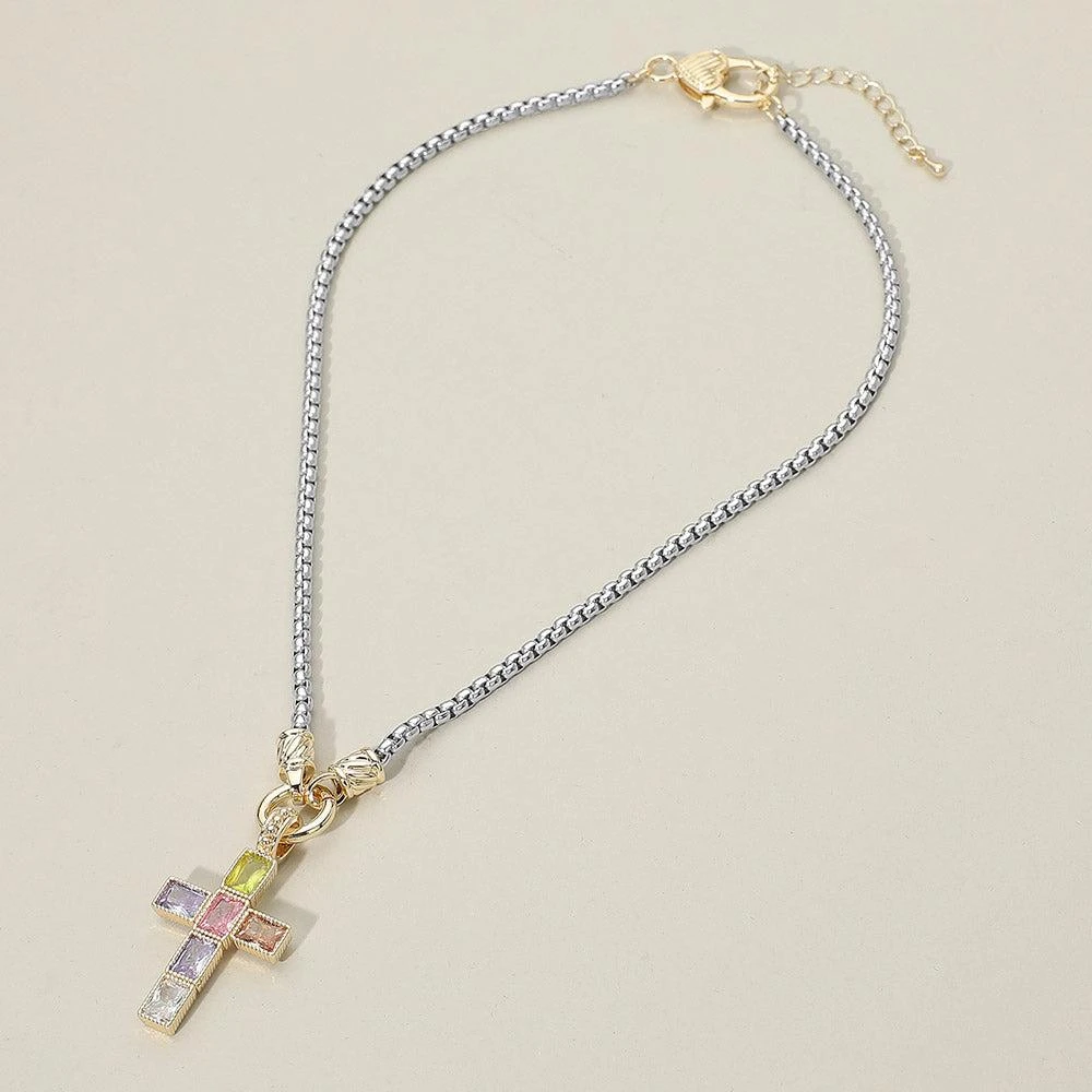 FASHNZFAB 14K Gold Plated Two Tone Square CZ Stone Cross Pendant Necklace 2