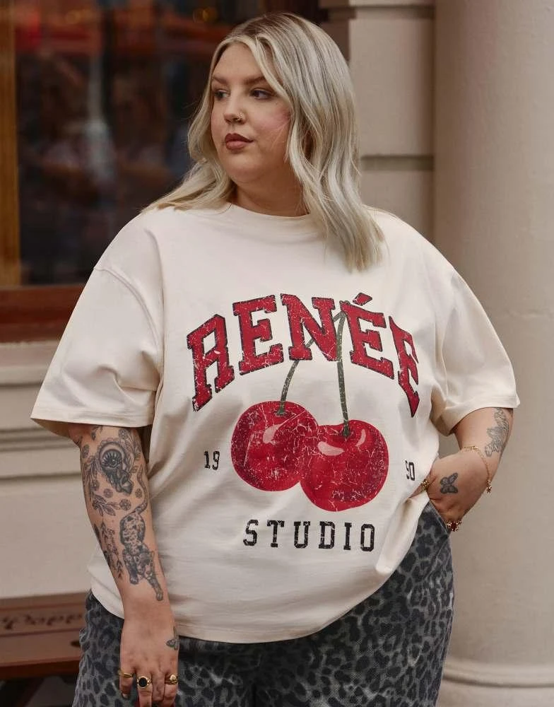 Renee Studio Renee Studio x Holly Wynne exclusive oversized logo cherry print t-shirt in off white 4