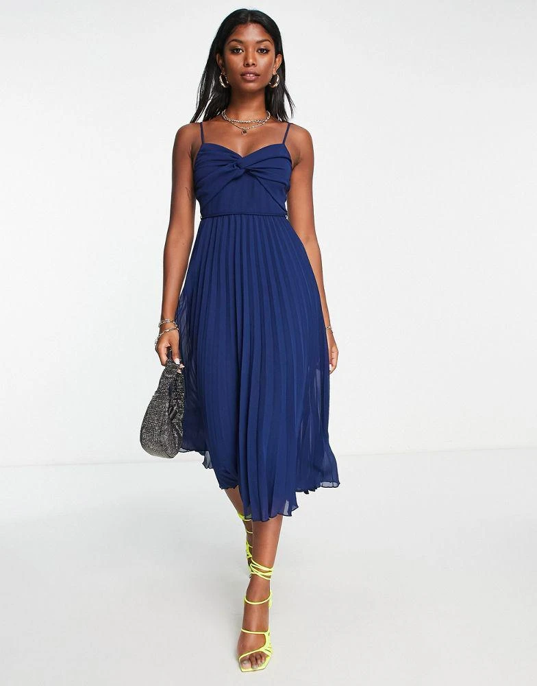 ASOS DESIGN ASOS DESIGN twist front pleated cami midi dress with belt in navy 1