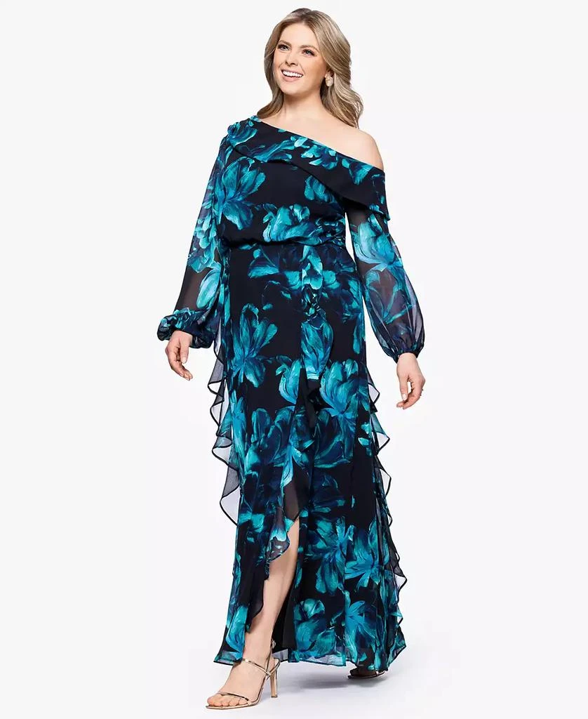 XSCAPE Plus Size Printed Asymmetrical-Neckline Long Dress 3