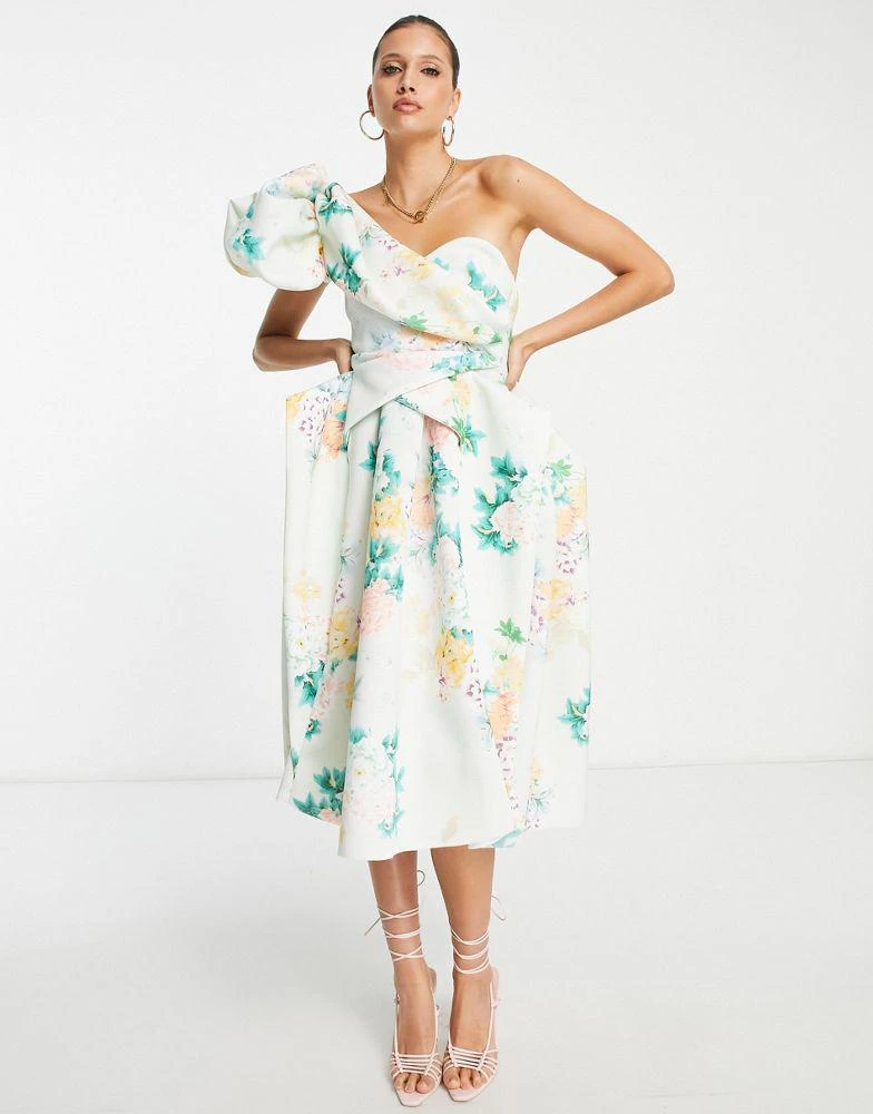 ASOS ASOS DESIGN one shoulder origami midi prom dress in blue floral print 1