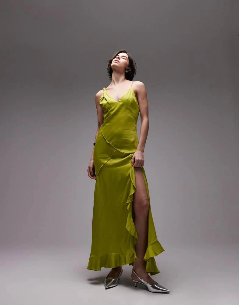 green slip dress topshop Asos Lime Off The Shoulder Shop Twist Shoulder Exposed Seam Midi Dress In Lime The Topshop cowl maxi