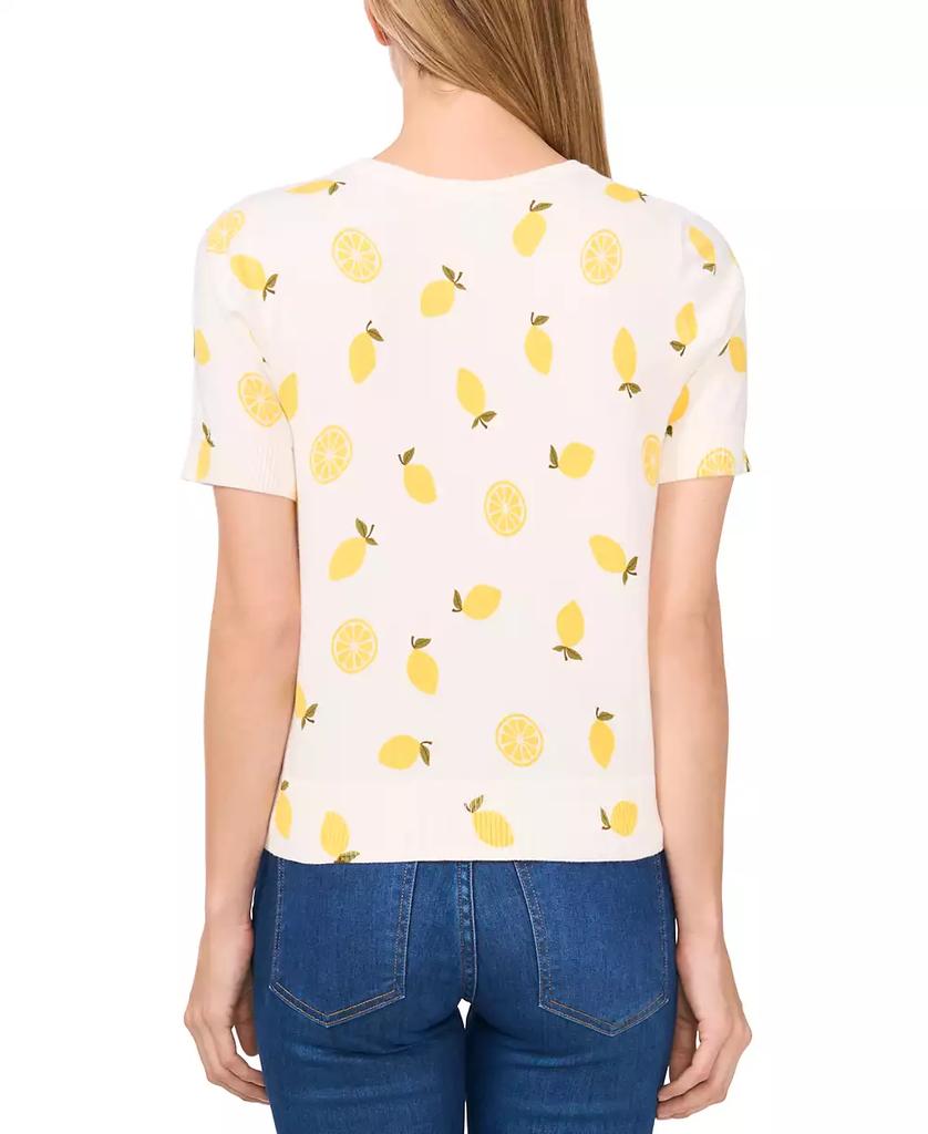 CeCe Women's Lemon-Print Short-Sleeve Cotton Crewneck Sweater