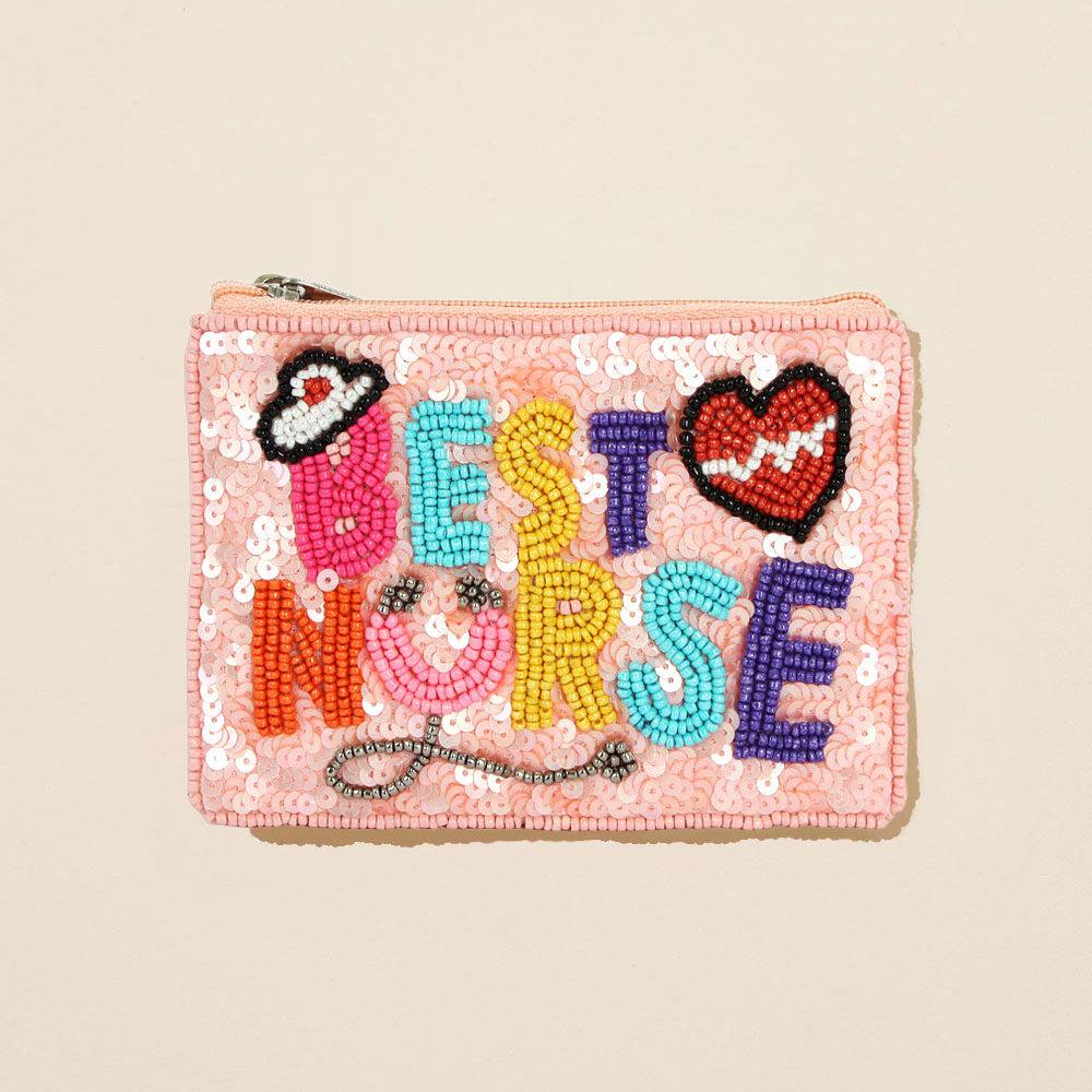 FASHNZFAB BEST NURSE Message Seed Beaded Mini Pouch Bag