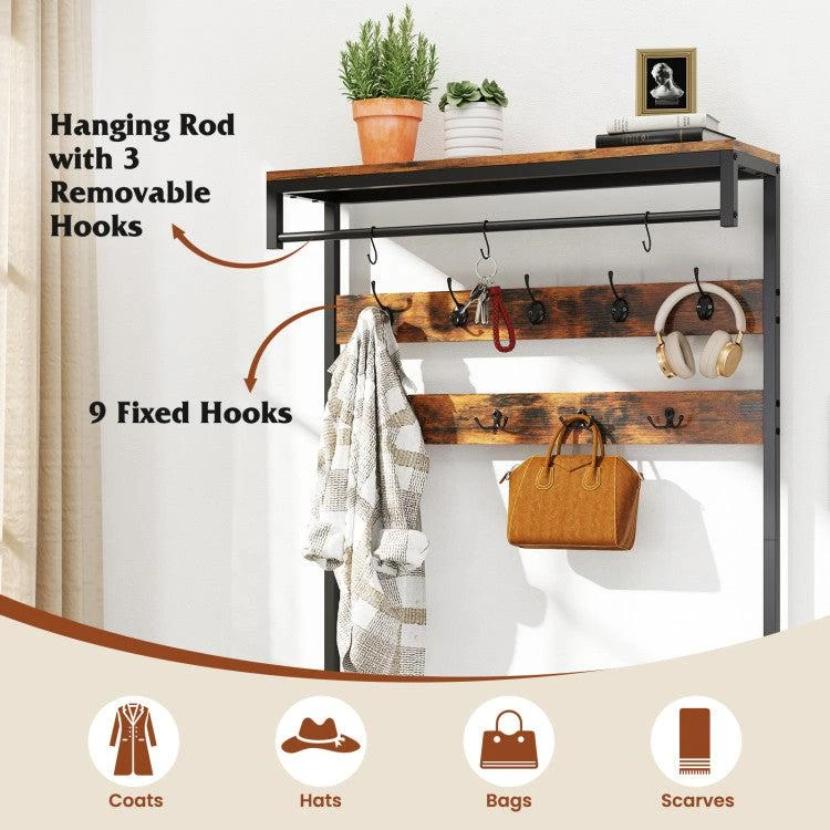 Hivvago 70 Inch Hall Tree with Shoe Storage Bench Freestanding Coat Rack-Rustic Brown 4