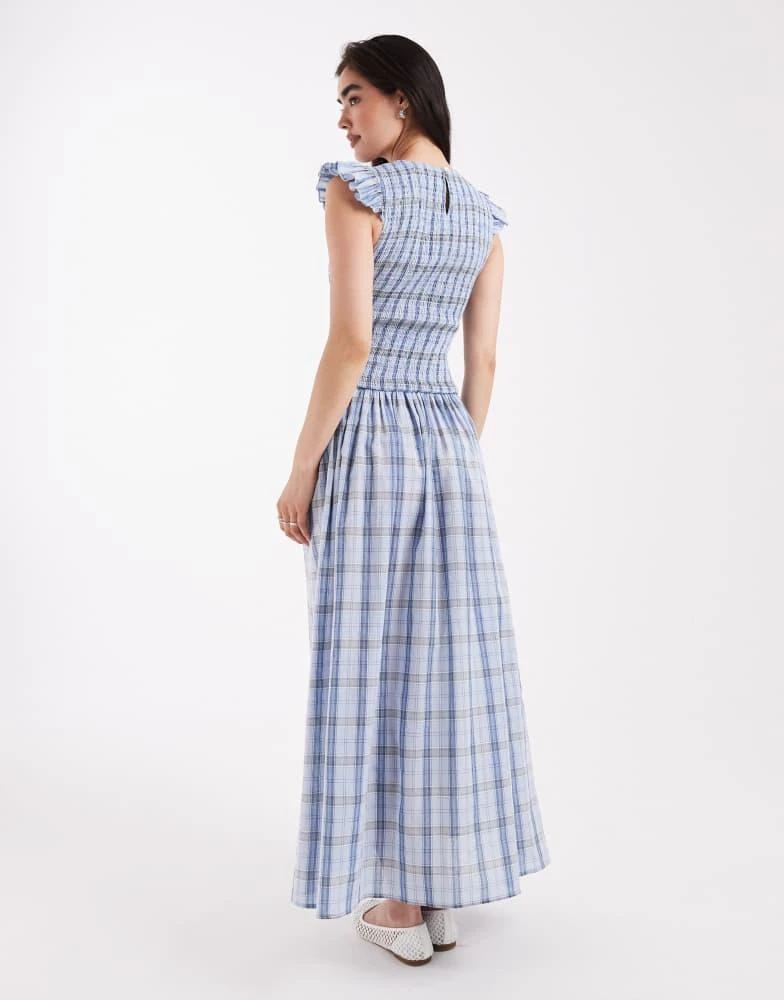 Daisy Street Daisy Street shirred bodice maxi dress with ruffle sleeve in blue check 4