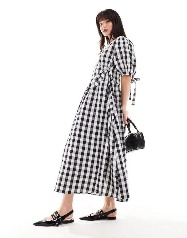ASOS ASOS DESIGN wrap midi smock dress in mono gingham 1