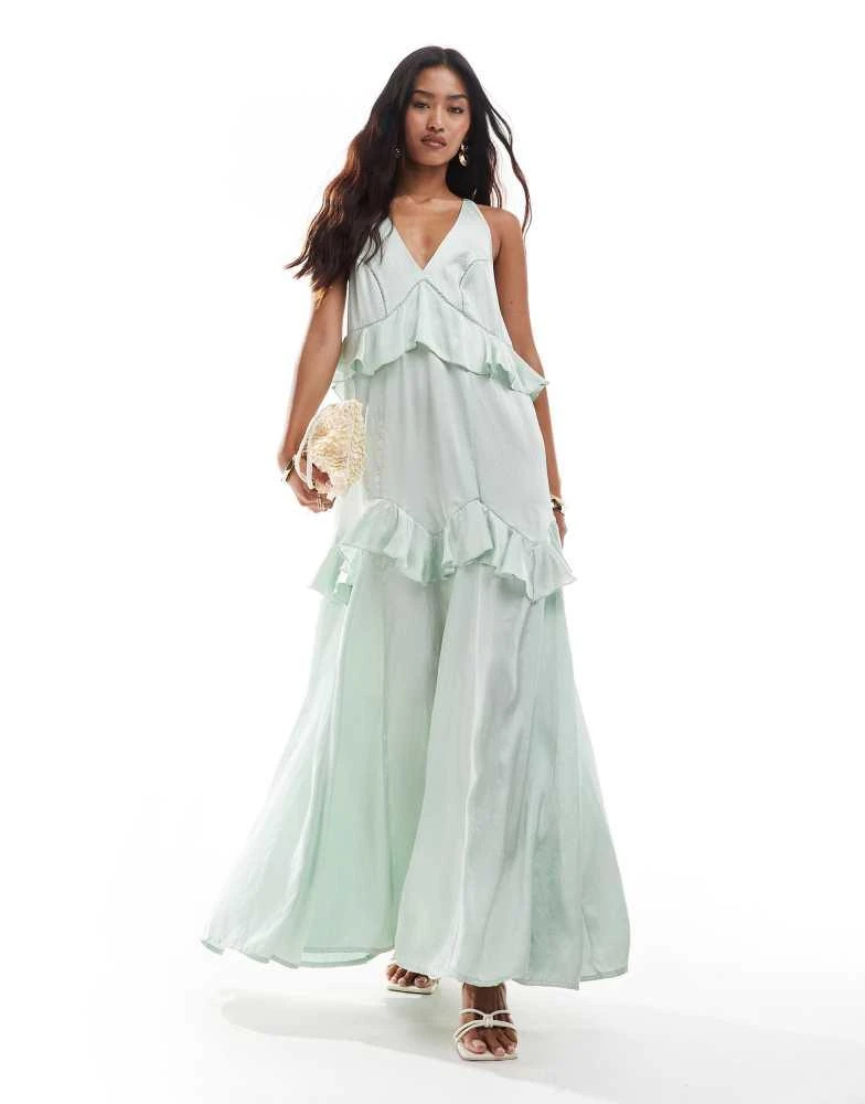 ASOS ASOS DESIGN satin scoop neck cross back midi dress with frills in sage green 1