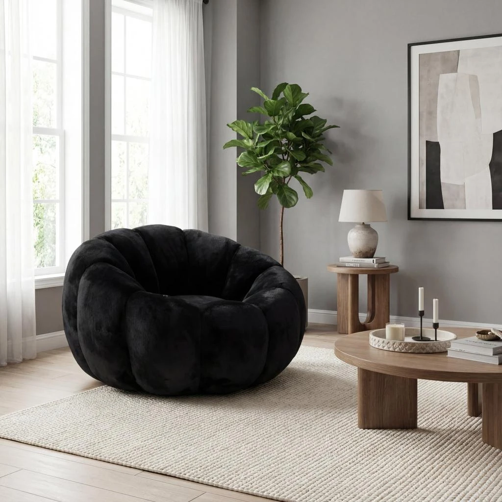 Streamdale Furniture Streamdale Adult Floral Bean Bag Chair, Ultra-Soft Faux Fur, Large Single-Seater, Black