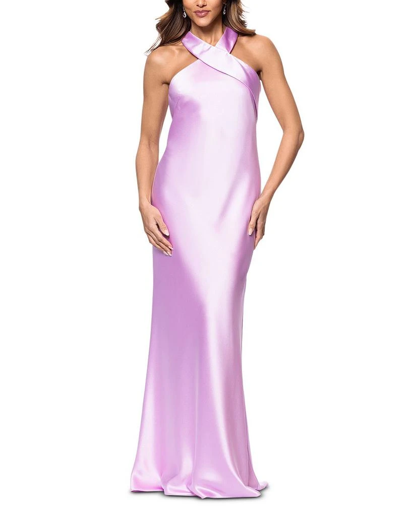 AQUA Long Satin Tie Neck Gown - Exclusive 1