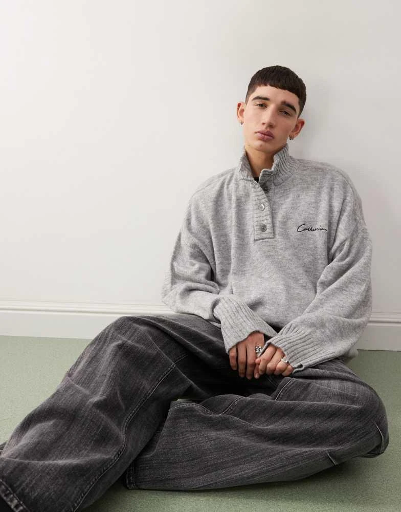 COLLUSION COLLUSION half button up knitted jumper in grey 1