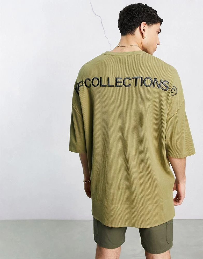 ASOS DESIGN ASOS Dark Future extreme oversized t-shirt in waffle fabric with logo prints in khaki 1