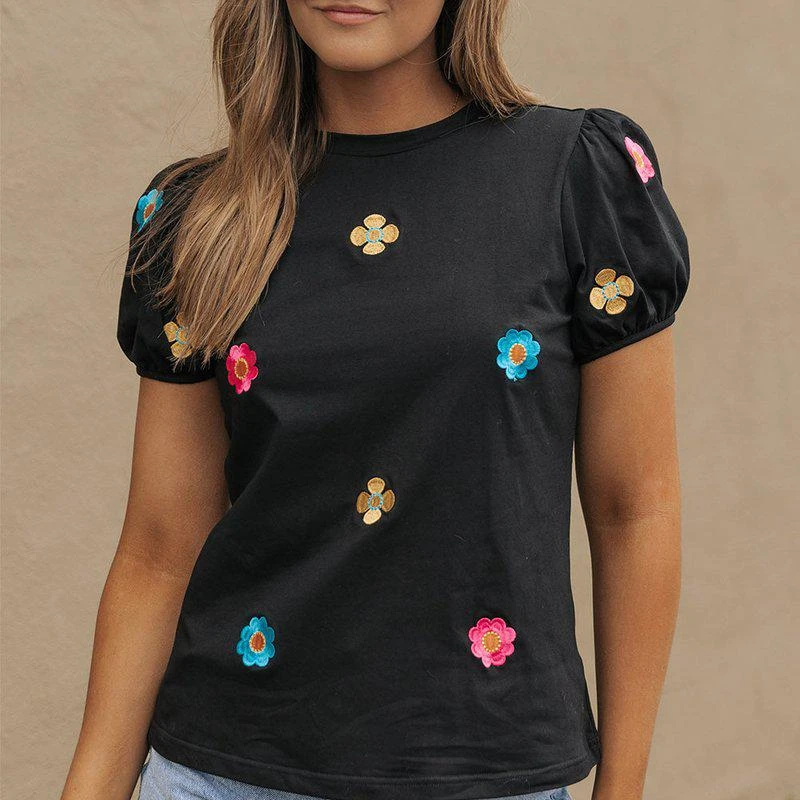 Threaded Pear Oaklyn Embroidered Flower Short Puff Sleeve Tee 2