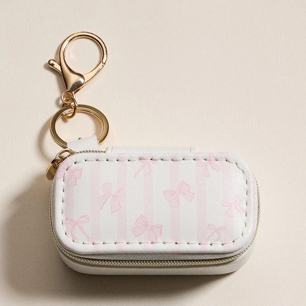 FASHNZFAB Bow Striped Pattern Printed Rectangular Travel Jewelry Case Keychain Bag Charm