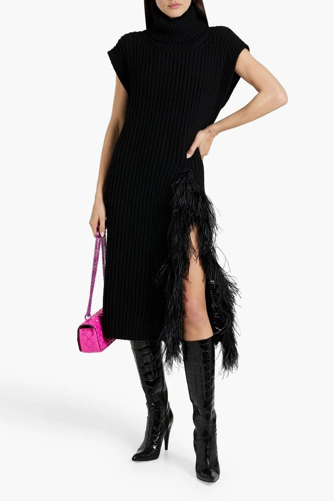 Valentino Feather-embellished ribbed wool and cashmere-blend turtleneck midi dress 2