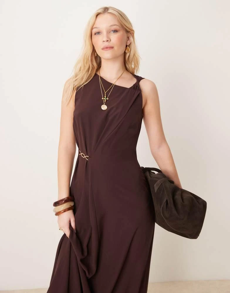 ASOS ASOS DESIGN twist strap drape midi dress with gold trim in chocolate brown 2
