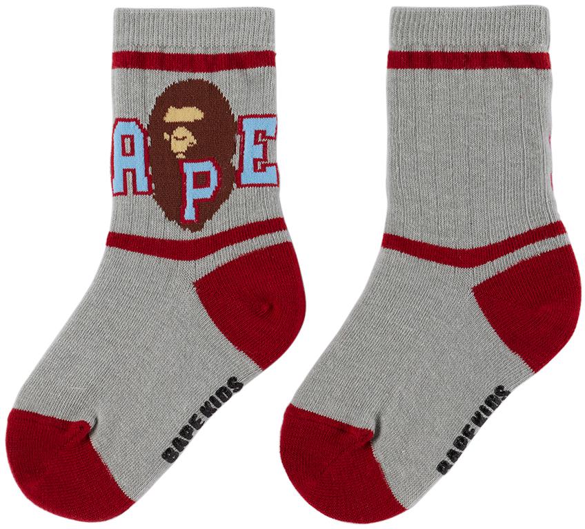 Bape Kids Gray Striped Ape Head Socks