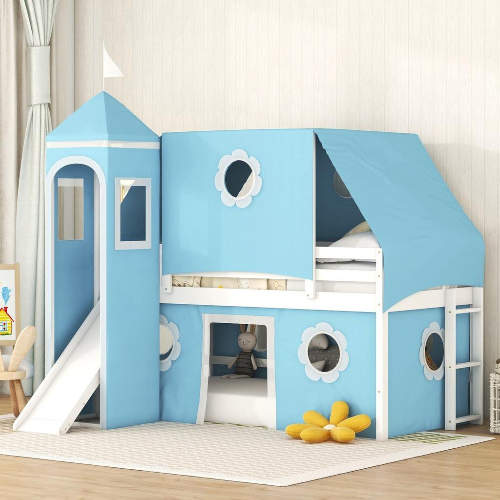 Streamdale Furniture Streamdale Twin Size Loft Bed with Slide Blue Tent and Tower - Blue