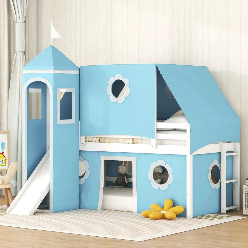 Streamdale Furniture Streamdale Twin Size Loft Bed with Slide Blue Tent and Tower - Blue 1