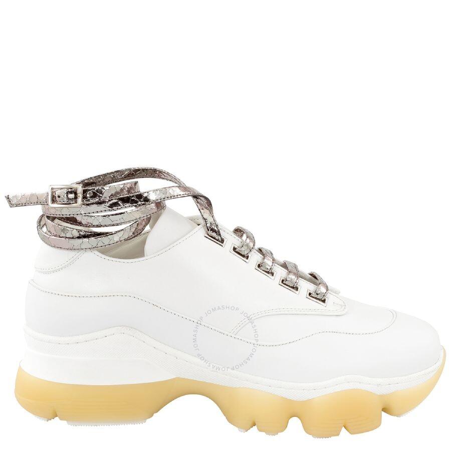 GIANNICO Ladies White / Inox Calfskin Python Lace-up Buckle Sneakers