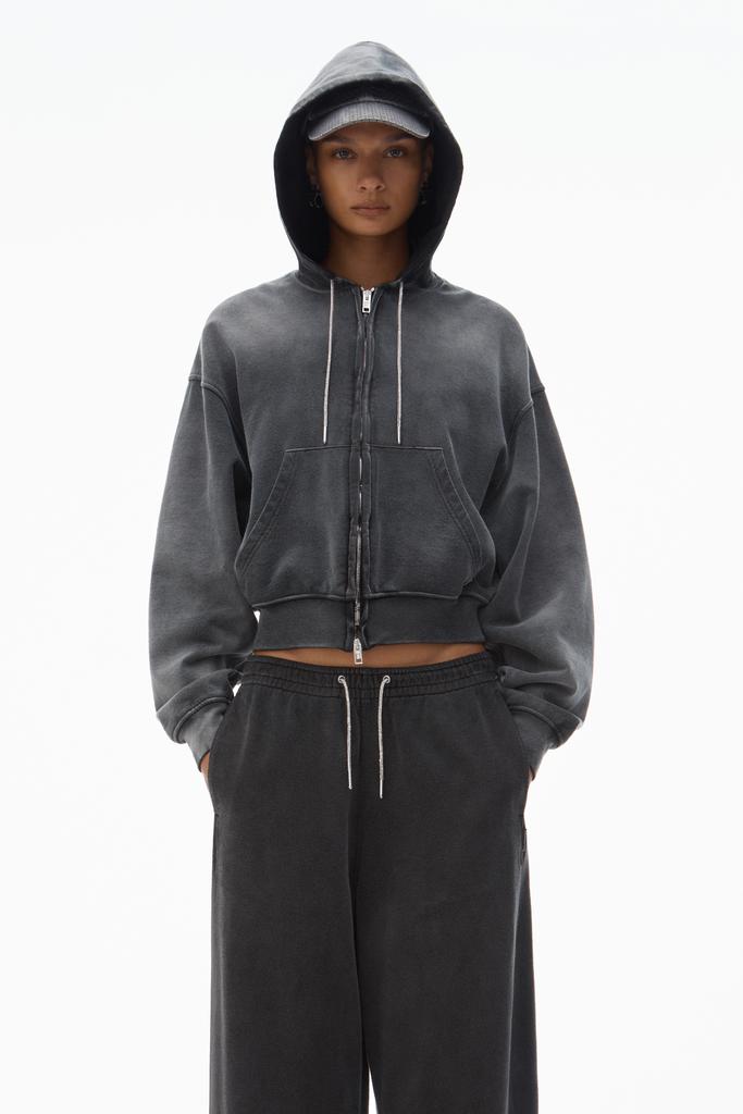 Alexander Wang Cropped Zip-Up Hoodie with Crystal Hotfix Drawcord