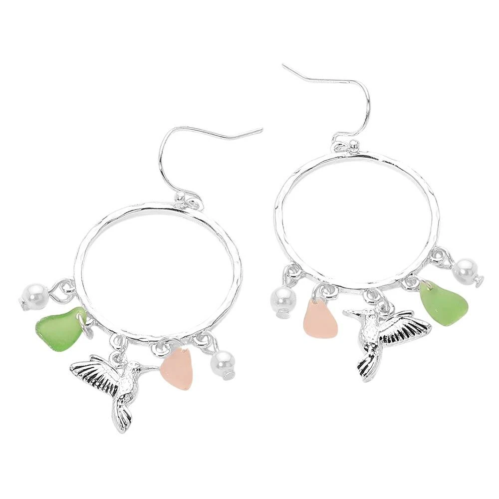 FASHNZFAB Hummingbird Sea Glass Charm Drop Open Ring Dangle Earrings 2