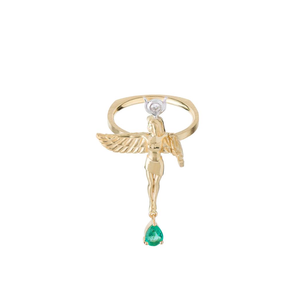 Mozafarian Emerald and diamond virgo ring