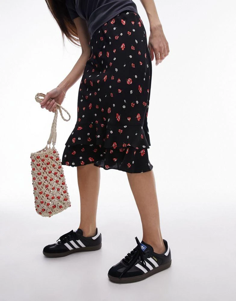 Topshop Topshop double ruffle knee length skirt in red and black floral 5