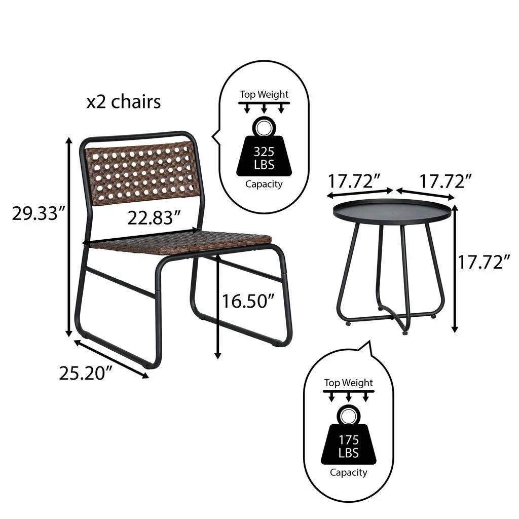 JONATHAN Y Freja 3-Piece Mid-Century Modern Faux Rattan Conversation Outdoor Patio Set, Black/Brown 5