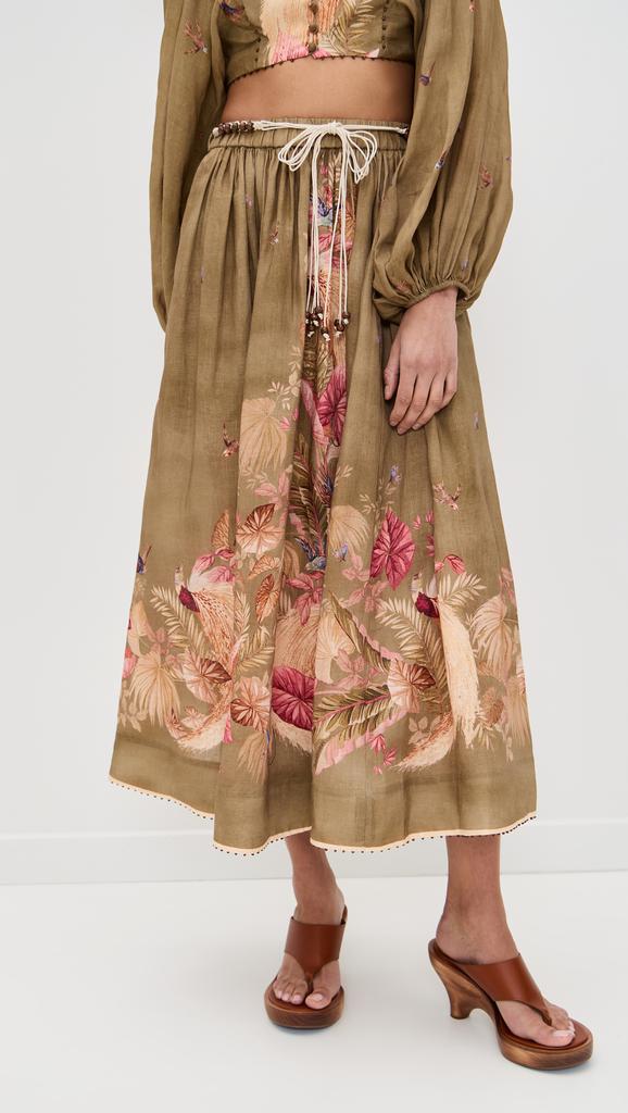 【Zimmermann】Pavilion floral linen and silk midi skirt ZIMMERMANN Pavilion floral-print linen and silk-blend midi