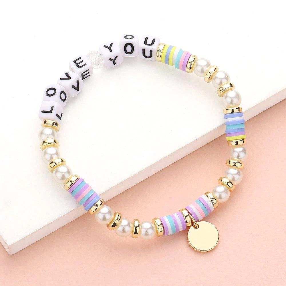 FASHNZFAB LOVE YOU Message Pearl Heishi Beaded Metal Disc Plate Charm Stretch Bracelet