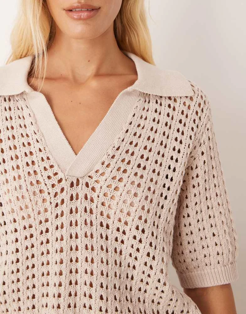 Brave Soul Brave Soul Pointelle knit collared t-shirt in stone 3