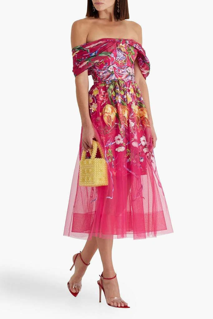 MARCHESA Off-the-shoulder embroidered charmeuse and tulle midi dress 2