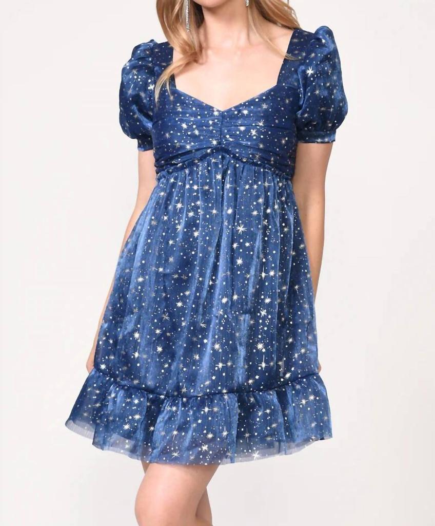 Adelyn Rae Starlight Tulle Puff Sleeve Mini Dress In Navy