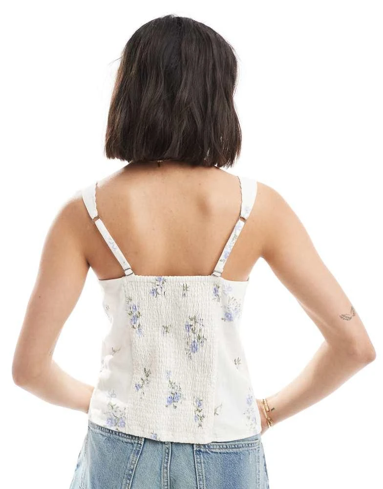 HOLLISTER Hollister low neckline linen button through vest in blue floral 3